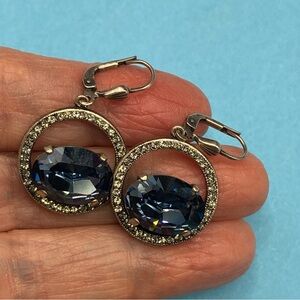 Blue Glass Crystal Earrings Prong Set Stone Silver Lever Back Sparkly 1.25"